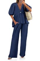 Conjunto feminino de 2 peças de linho Outfit Tankaneo com decote em V e manga folhada