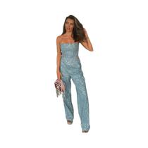 Conjunto Feminino De 2 Peças Em Jeans Com Lantejoulas: Top sem alça E Calça Pantalona - Conjunto Feminino De 2 Peças Em Jeans Com Lantejoulas: Top sem alça E Calça Pantalona -