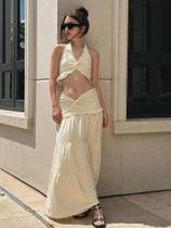 Conjunto Feminino De 2 Peças Halter Sem Costas Franzido Com Cintura Elástica Babados Saia Longa