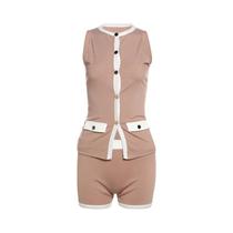 Conjunto Feminino De 2 Peças Sem Mangas Com Detalhes Em Patchwork, Shorts Elásticos, Roupas Casuais Conjunto Feminino De 2 Peças Sem Mangas Com Detalhes Em Patchwork, Shorts Elásticos, Roupas Casuais