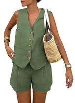 Conjunto Feminino de 2 Peças Sem Mangas PRETTYGARDEN Verde Militar P Conjunto Feminino de 2 Peças Sem Mangas PRETTYGARDEN Verde Militar P