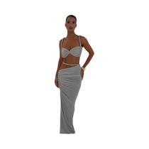 Conjunto Feminino De 2 Peças: Top Cropped Sexy Com Faixas E Decote Quadrado E Saia Longa Justa -