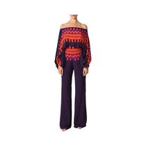 Conjunto Feminino De Blusa De Seda Com Estampa, Ombros Descidos E Mangas Lanternas, Calças De Perna