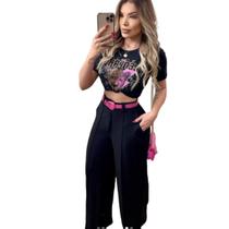 Conjunto Feminino de Blusa Viscolycra Gola Redonda e Calça Pantalona Em Duna Cinto Ecologico