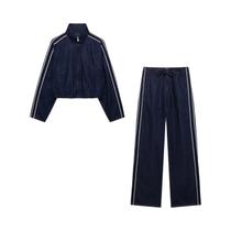 Conjunto Feminino De Calça Jeans E Jaqueta Com Gola Alta E Listras Laterais, Casual Com Cadarço,