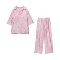 Conjunto Feminino De Camisa Jacquard Solta E Calças De Cintura Alta Com Lapela E Mangas Curtas