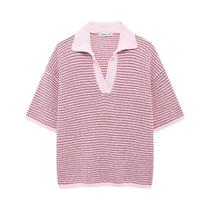 Conjunto Feminino De Camisa Listrada Com Gola E Shorts De Cintura Elástica, Conjunto De Moda Chic