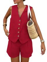 Conjunto Feminino de Dois Peças PRETTYGARDEN Colete e Shorts Vermelho P
