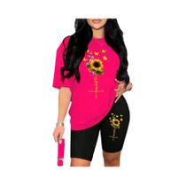 Conjunto Feminino De Duas Peças Com Estampa De Girassol E Borboleta, Confortável E Respirável, Roupa