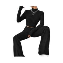 Conjunto feminino de duas peças de camiseta e calças listradas de malha com gola alta Conjunto feminino de duas peças de camiseta e calças listradas de malha com gola alta