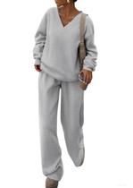 Conjunto Feminino de Duas Peças PRETTYGARDEN Moletom Gola V Cinza XXL