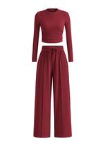 Conjunto Feminino de Duas Peças PRETTYGARDEN Top Cropped Calça Pantalona Vinho Vermelho XXL