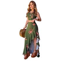 Conjunto Feminino de Festa Floral Verde Saia Longa com Fenda e Cropped Elegante em Viscose para Eventos