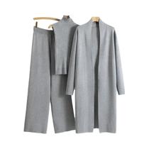 Conjunto Feminino De Inverno Elegante E Moderno Em Tricô 3 Peças: Cardigã, Suéter E Calça Pantalona