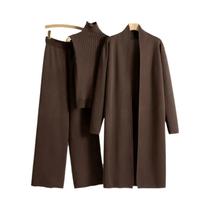 Conjunto Feminino De Inverno Elegante E Moderno Em Tricô 3 Peças: Cardigã, Suéter E Calça Pantalona