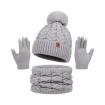 Conjunto Feminino De Inverno: Gorro, Cachecol E Luvas Com Pompom De Pelúcia E Bola De Pelo Para O