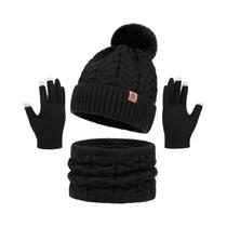 Conjunto Feminino De Inverno: Gorro, Cachecol E Luvas Com Pompom De Pelúcia E Bola De Pelo Para O