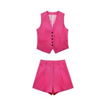 Conjunto Feminino de Linho 2 Peças: Colete e Shorts Lisos - Estilo Casual e Chic