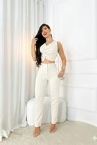 Conjunto Feminino de Linho Calça e Cropped com Botão Luxo Nude