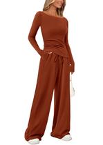 Conjunto Feminino de Lounge PRETTYGARDEN Manga Longa Assimétrico L - Vermelho Tijolo