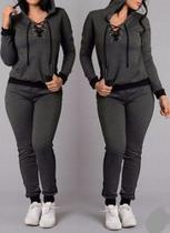 Conjunto Feminino de Moletom Flanelado Calça mais Blusa Trançada na Frente Conjunto Feminino de Moletom Flanelado Calça mais Blusa Trançada na Frente