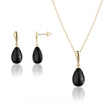 Conjunto Feminino de Ouro 18k Com Pedra Preta Ônix Natural 40 cm