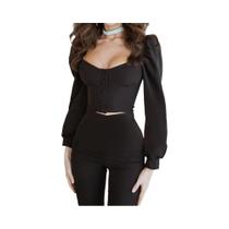 Conjunto Feminino De Outono Estilo Palaciano Em Duas Peças: Blusa Com Decote V E Botões, Manga Conjunto Feminino De Outono Estilo Palaciano Em Duas Peças: Blusa Com Decote V E Botões, Manga