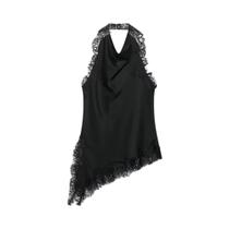 Conjunto Feminino De Renda Preta E Cetim Com Decote Halter E Costas Abertas, Calça Reta De Cintura Conjunto Feminino De Renda Preta E Cetim Com Decote Halter E Costas Abertas, Calça Reta De Cintura