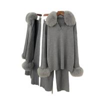 Conjunto Feminino De Suéter Com Gola De Pele De Raposa E Calças Para Outono/Inverno - Terno De Pele Conjunto Feminino De Suéter Com Gola De Pele De Raposa E Calças Para Outono/Inverno - Terno De Pele