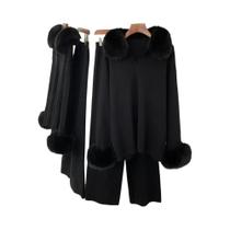 Conjunto Feminino De Suéter Com Gola De Pele De Raposa E Calças Para Outono/Inverno - Terno De Pele Conjunto Feminino De Suéter Com Gola De Pele De Raposa E Calças Para Outono/Inverno - Terno De Pele