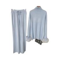 Conjunto Feminino De Suéter Com Punhos De Pele De Raposa Natural E Calças Longas, Moda Outono