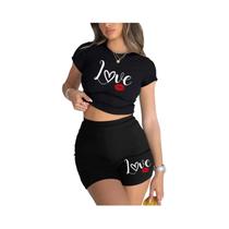 Conjunto Feminino De Top Cropped E Shorts Com Estampa De Lábios, Macio, Ajuste Fino, Gola O, Alta