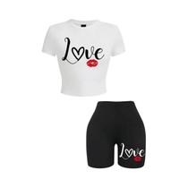 Conjunto Feminino De Top Cropped E Shorts Com Estampa De Lábios, Macio, Ajuste Fino, Gola O, Alta
