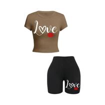 Conjunto Feminino De Top Cropped E Shorts Com Estampa De Lábios, Macio, Ajuste Fino, Gola O, Alta