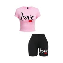 Conjunto Feminino De Top Cropped E Shorts Com Estampa De Lábios, Macio, Ajuste Fino, Gola O, Alta