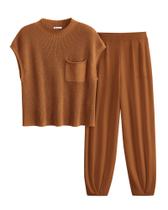 Conjunto Feminino de Tricô PRETTYGARDEN Dois Peças Marrom XXL Conjunto Feminino de Tricô PRETTYGARDEN Dois Peças Marrom XXL