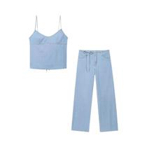 Conjunto Feminino De Verão 2 Peças Casual: Calça Estilo Cowboy E Top Moderno Sem Costas Conjunto Feminino De Verão 2 Peças Casual: Calça Estilo Cowboy E Top Moderno Sem Costas