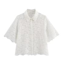 Conjunto Feminino De Verão Com Blusa De Gola Polo De Renda E Calças De Cintura Alta Com Pernas Retas