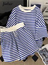 Conjunto Feminino De Verão Com Listras, Estilo Preppy, Calças Largas Com Cintura Elástica, Tamanhos Conjunto Feminino De Verão Com Listras, Estilo Preppy, Calças Largas Com Cintura Elástica, Tamanhos