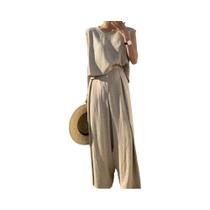 Conjunto Feminino De Verão Elegante Em Algodão E Linho De Cor Sólida Com Blusa Regata De Gola Conjunto Feminino De Verão Elegante Em Algodão E Linho De Cor Sólida Com Blusa Regata De Gola