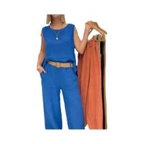 Conjunto Feminino De Verão Em Algodão E Linho Com Top Sem Mangas De Gola Redonda E Calças De Perna