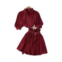 Conjunto Feminino De Verão Em Duas Peças, Camisa Cropped Com Gola Reversa E Saia Mini Plissada, Moda