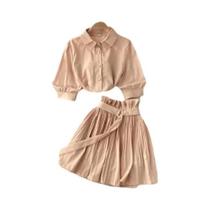 Conjunto Feminino De Verão Em Duas Peças, Camisa Cropped Com Gola Reversa E Saia Mini Plissada, Moda
