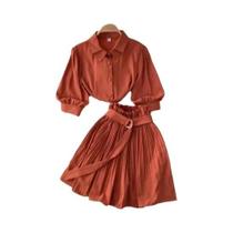 Conjunto Feminino De Verão Em Duas Peças Com Camisa Cropped De Gola Reversa E Saia Mini Plissada,