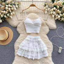 Conjunto Feminino Doce Franzido De Duas Peças Com Alça Em V, Top Curto, Saia Curta Plissada, Estilo