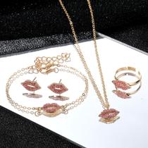 Conjunto Feminino Dourado Lábios Rosa Colar Brinco Anel Pulseira Delicado