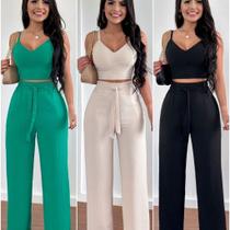 Conjunto feminino duna areia calça pantalona e cropped com bojo Alça regulagem alfaiataria