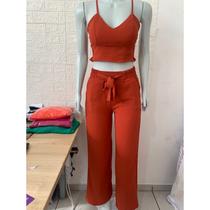 Conjunto feminino duna areia calça pantalona e cropped com bojo Alça regulagem alfaiataria