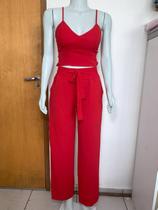 Conjunto feminino duna areia calça pantalona e cropped com bojo Alça regulagem alfaiataria