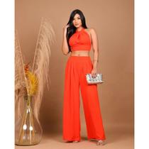 Conjunto feminino duna areia calça pantalona e cropped com bojo modelo lavinia elegante